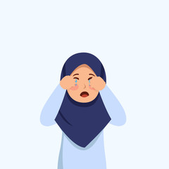 Little Hijab Girl Cry Expression Potrait Cartoon Illustration Vector