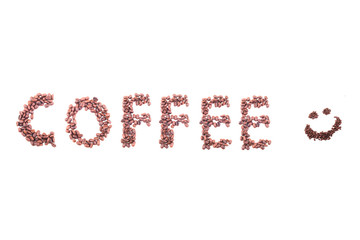 coffee text with smile emoticon from coffee beans. Isolated on white background