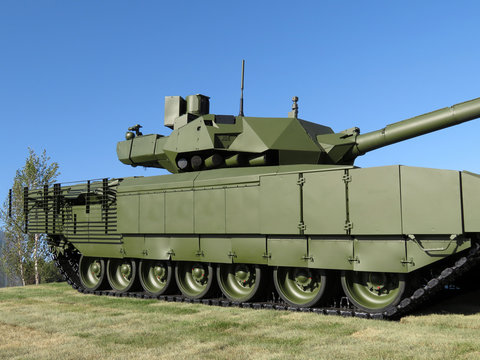 T-14 Armata, newest Russian main battle tank against clear blue sky, side view