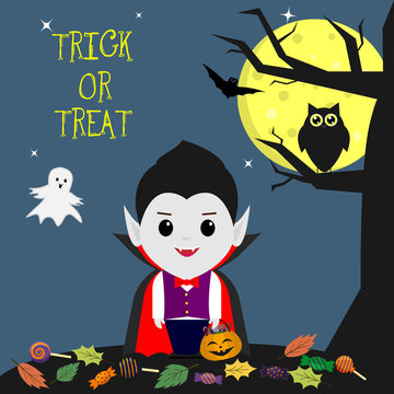 Happy Halloween. A vampire in the style of a cartoon stands next to a tree. Holds a pumpkin with sweets. Owl, ghost, full moon at night. Sweets and leaves, volatile vampires and stars.
