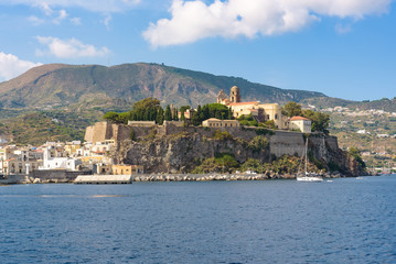 Fototapeta na wymiar Castle rock on Lipari Island senn from the sea