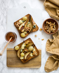 Healthy eating concept. Sandwich with gluten-free bread, fruit and vegetables