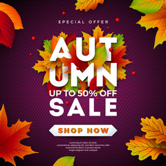 Obraz premium Autumn Sale Design with Falling Leaves and Lettering on Purple Background. Autumnal Vector Illustration with Special Offer Typography Elements for Coupon, Voucher, Banner, Flyer, Promotional Poster or