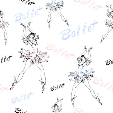Seamless pattern. Ballet. Dancing ballerinas Inscription Vector illustration