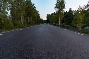 Obraz premium straight tarmac road in a swedish forest august 2018