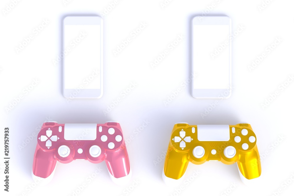 Wall mural pink yellow joystick with smart phone on white table background, computer game competition, gaming c