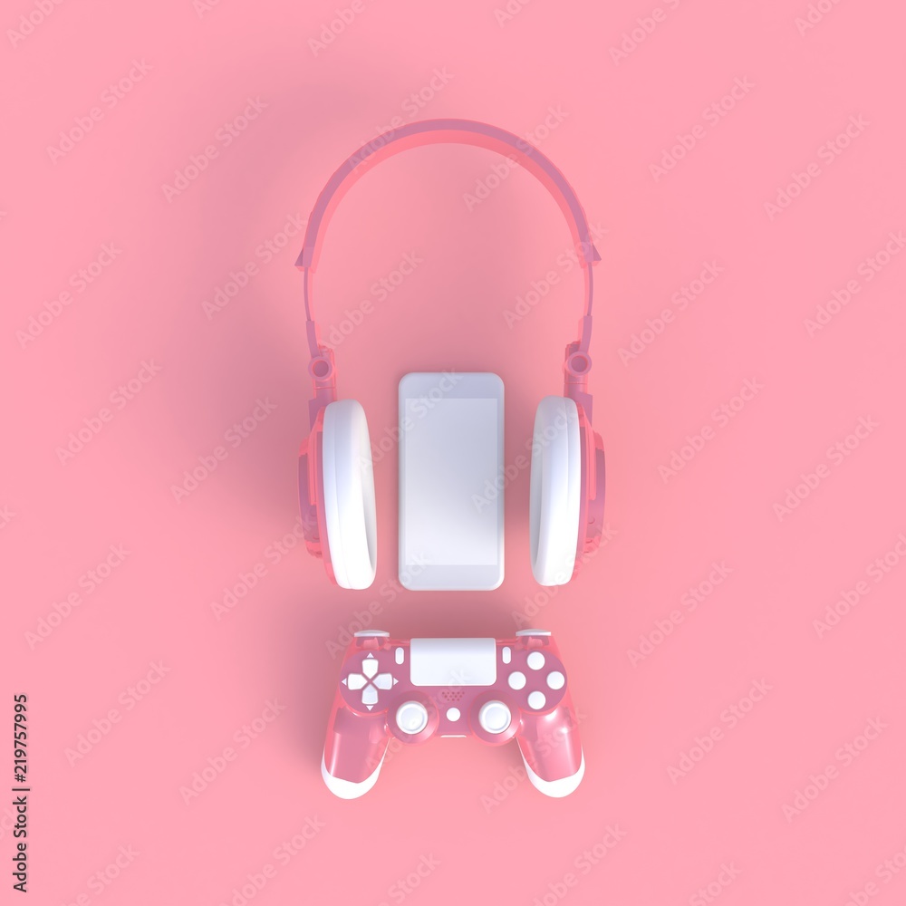 Wall mural Pink joystick with pink headphones and smart phone on pink table background, Computer game competition, Gaming concept, 3D rendering