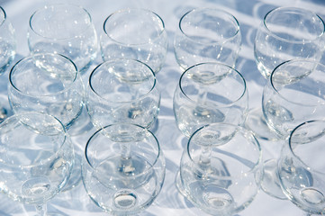pattern of many empty wine glass circles. catering. welcome drink