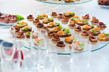 canape set with salmon fish and meat at luxury reception. catering food service