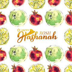 Rosh Hashanah. Jewish New Year. Hand lettering and watercolor illustration for banner, flyer, print material, sticker, typography, poster, greeting card, postcard, logo. Calligraphy gold