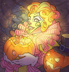 Naklejka na ściany i meble Cartoon halloween illustration of an evil bizarre clown mascot holding a pumpkin full of sweets