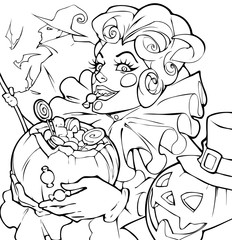 Cartoon halloween illustration  of an evil bizarre clown mascot holding a pumpkin full of sweets