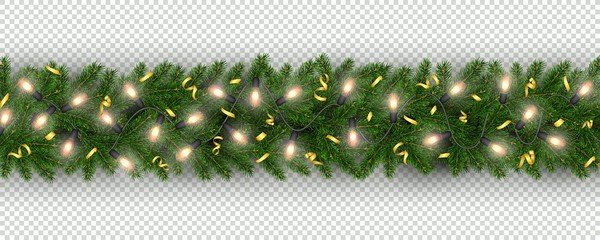 New Year border of realistic branches of Christmas tree, garland light bulbs - 219760385