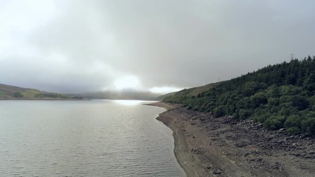 Aerial view, forward move. Drone panorama of Llyn Celyn water reservoir of Liverpool in Wales