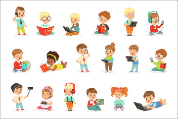 Fototapeta na wymiar Small Kids Using Modern Gadgets And Reading Books, Childhood And Technology Series Of Cute Illustrations
