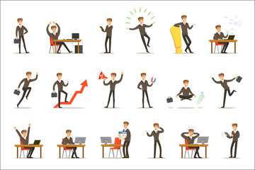 Fototapeta na wymiar Businessman Work Process Set Of Business Related Scenes With Young Entrepreneur Cartoon Character