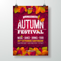Fototapeta premium Autumn Party Flyer Illustration with falling leaves and typography design on doodle pattern background. Vector Autumnal Fall Festival Design for Invitation or Holiday Celebration Poster.