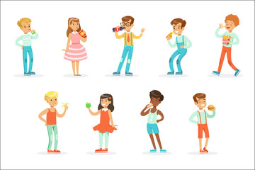 Kids Eating Snack Food And Drinking Soft Drinks Set Of Cartoon Characters Enjoying Their Meal Standing