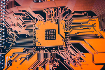 Circuit board. Electronic computer hardware technology. Shallow depth of field