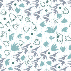 Vector floral seamless pattern with hand drawn scilla or snowdrop flowers and leaves. Modern decorative background in pastel colors.