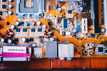Circuit board. Electronic computer hardware technology. Shallow depth of field
