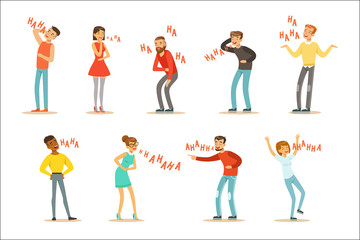 Fototapeta premium Adults Hysterically Laughing Out Loud Set Of Cartoon Characters With Laughter And Giggle Spelled In Text