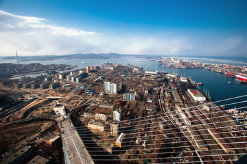 Construction of the bridge birches in Golden Horn Bay in 2012 to the APEC SUMMIT. The Golden Bridge in Vladivostok