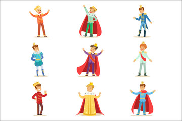 Little Boys In Prince Costume With Crown And Mantle Set Of Cute Kids Dressed As Royals Illustrations