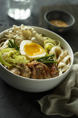 Asian style soup with noodles, egg, meat and mushrooms