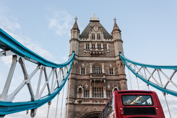 Fototapeta na wymiar Red bus passing on Tower Bridge in London