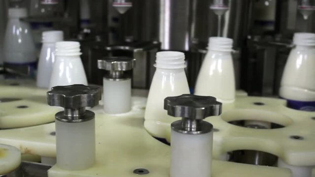 Filling a Bottle with Milk / Production line for filling milk bottles
