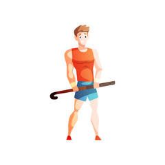 Young man playing golf, male sportsman character with golf club in his hand, active healthy lifestyle vector Illustration on a white background