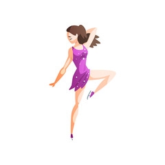 Figure skater girl in purple dress skating, female sportsman character on ice skating, active sport lifestyle vector Illustration on a white background