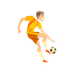 Fototapeta na wymiar Male soccer player, sportsman character kicking a ball, active sport lifestyle vector Illustration on a white background