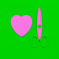 Craft minimal set Scissors and paper heart. Falat lay art
