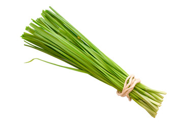 Fresh healthy organic green vegetable garlic chives, chinese chive bunch, green herb isolated on white background.