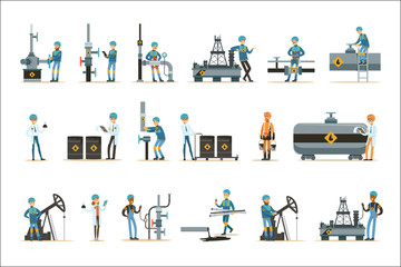 Happy People Working In Oil Industry Set Of Cartoon Characters Working At The Pipeline And Petroleum Extraction Machinery