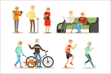 Old People Living Full Live And Enjoying Their Hobbies And Leisure Collection Of Smiling Elderly Cartoon Characters