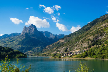 Lanuza village in spanish Pyrenees, landscape mountais and lakes