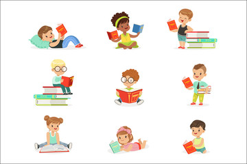 Kids Reading Books And Enjoying Literature Collection Of Cute Boys And Girls Loving To Read Sitting And Laying Surrounded With Piles Of Books.