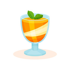 Orange layered mousse in glass cup decorated with mint vector Illustration on a white background