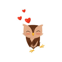 Sweet little owlet in love, cute bird cartoon character with red hearts vector Illustration on a white background