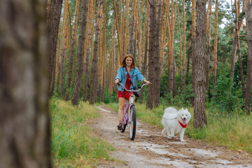 Fototapeta premium Weekend with husky. Young beaming woman enjoying her weekend with husky while breathing fresh air in forest