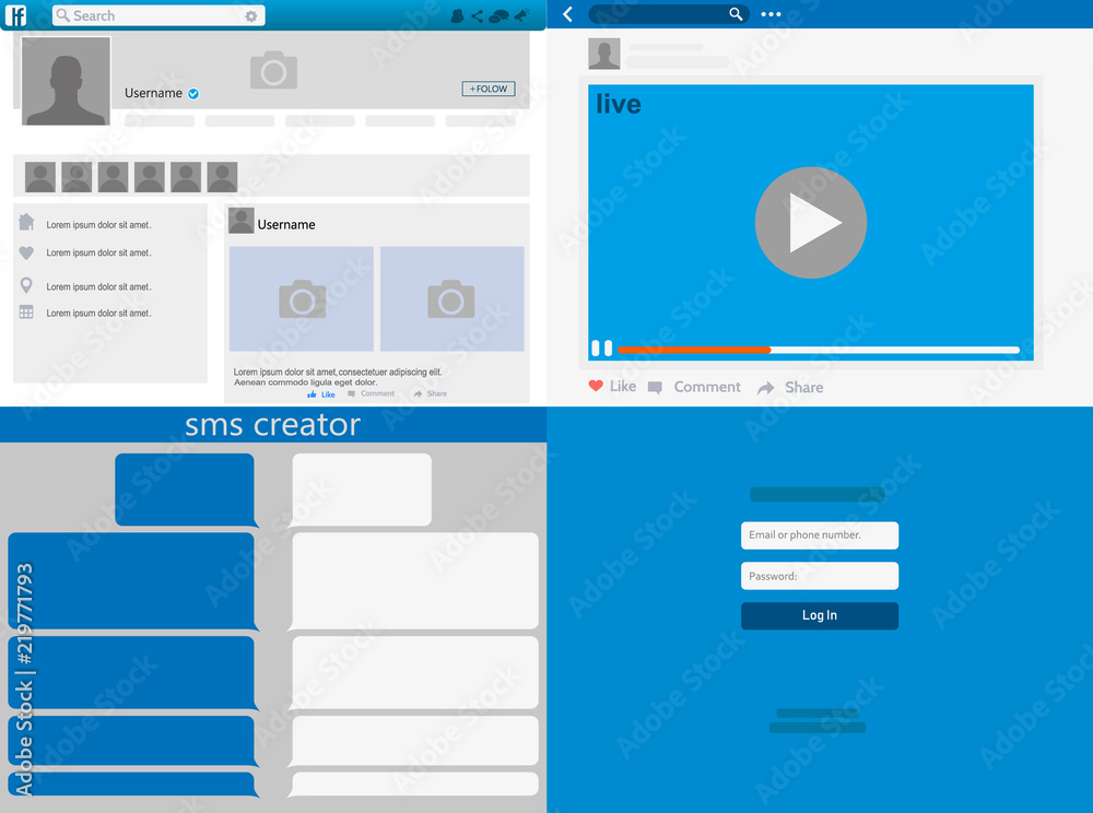 Poster social network mock up, post frames and other pages, web page browser, concept of social page interf