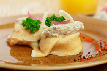 Russian pancakes healthy breakfast dish close up