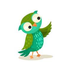 Cute colorcful owlet pointing with wing, sweet owl bird cartoon character vector Illustration on a white background