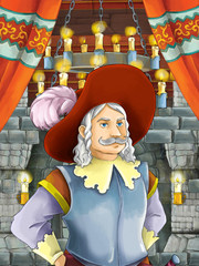 Obraz na płótnie Canvas happy cartoon scene with prince or king in castle room - illustration for children