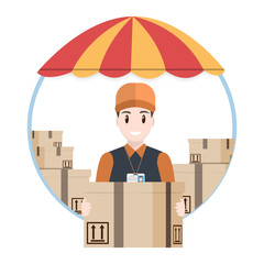 Man and box parcel for courier icon. Delivery service