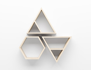 empty wooden shelves on white wall with light from the top