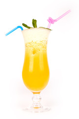 Orange juice in a glass jar with a straw on a white background	